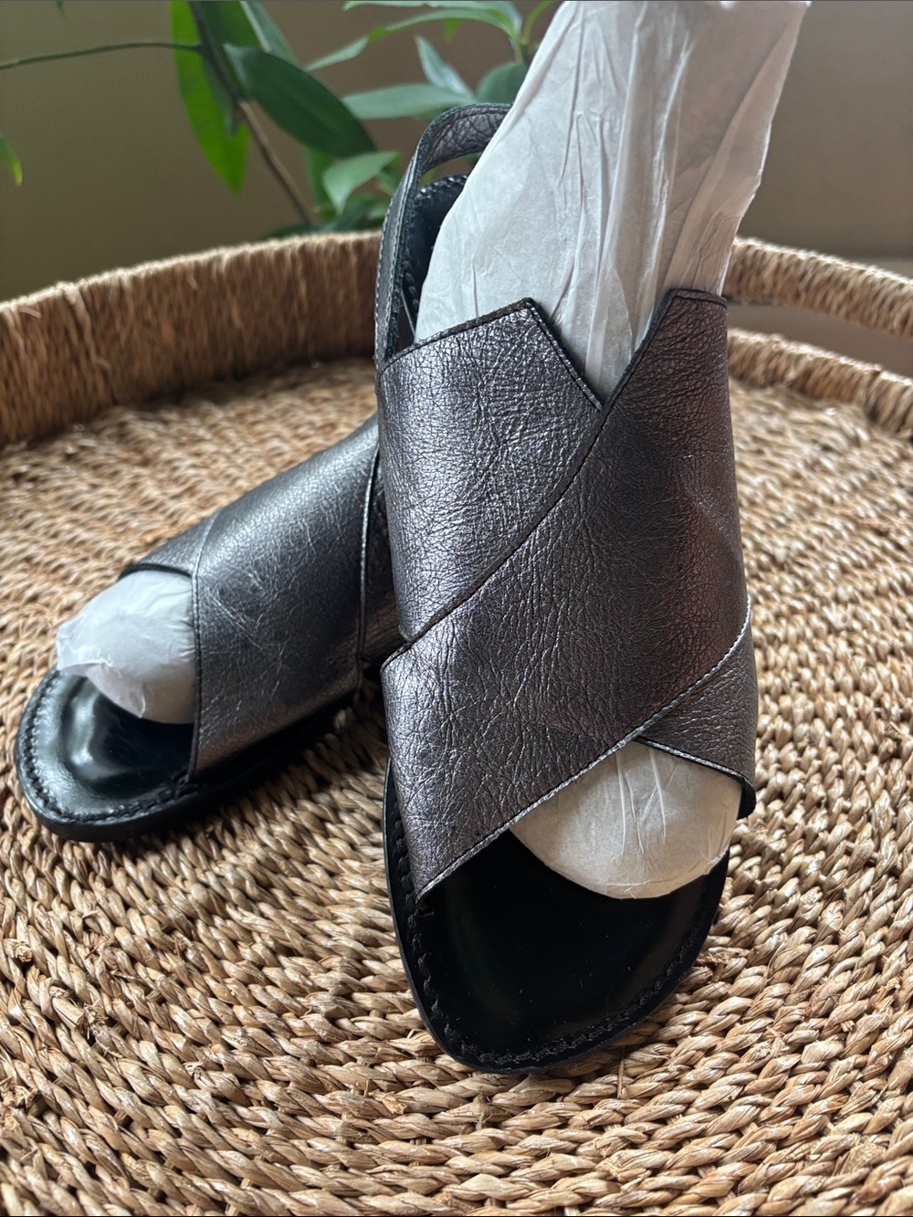 Women's Metallic Charcoal Crossover Slide Sandals